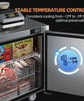 Top Shelf Pro Build Commercial Undercounter Freezer With 48 Inch Stainless Steel Worktop Table, 13.4 Cu Ft Capacity Double Door Prep Fridge showing digital temperature control with food storage.