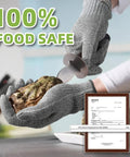 Pro Grade ANSI Cut Resistant Food Grade Gloves For Kitchen Prep And Meat Cutting Oyster Shucking And Fish Fillet Mandoline Safety Gear With Ultra Strong Fibers And Stainless Steel For Heavy Duty Home Or Pro Use shown shucking an oyster.