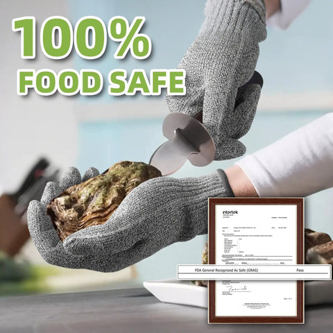 Pro Grade ANSI Cut Resistant Food Grade Gloves For Kitchen Prep And Meat Cutting Oyster Shucking And Fish Fillet Mandoline Safety Gear With Ultra Strong Fibers And Stainless Steel For Heavy Duty Home Or Pro Use shown shucking an oyster.