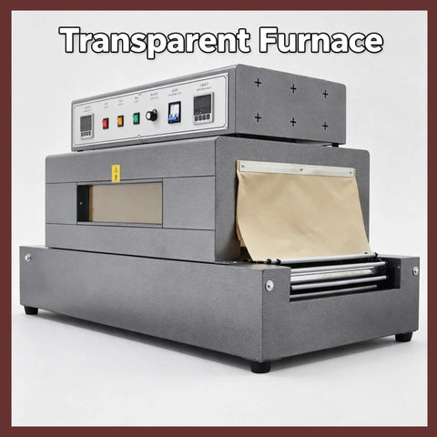 220V Industrial Heat Shrink Wrapping Machine Tunnel With Heavy Duty Chain Conveyor For Large Items, showcasing digital controls and roller exit.