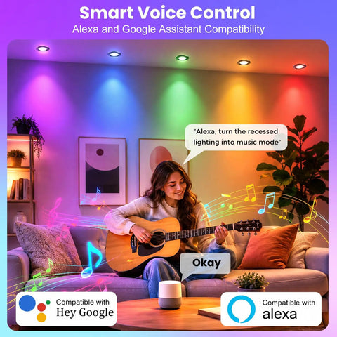 2 Inch Smart LED Recessed Lighting, 5W RGB Color Changing WiFi Downlight illuminating a cozy living room, music mode activated.