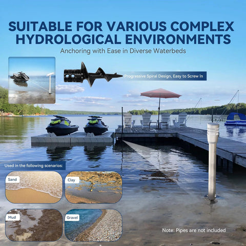 Dock Pole Auger for Aluminum Poles and 2 Inch O D Tubing, Dock Post Auger Kit With Stainless Steel Bolts And Nuts, 2 Pack for anchoring floating docks in various waterbeds.