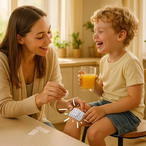 Patch Eco hypoallergenic adhesive bandage on a child's knee; mother nearby in a bright kitchen