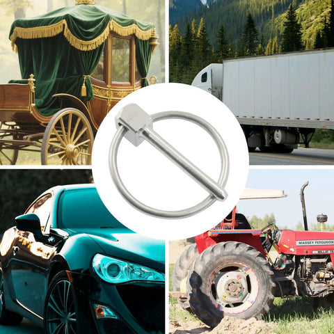 Collage of 4 Pack 304 Stainless Steel Linch Pin With Ring used on trailers, truck, sports car, and tractor