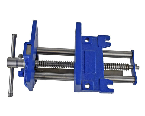 Top view of Rapid Action 9-Inch Woodworking Vise With Quick Release Lever, heavy-duty cast iron, chrome T-bar, steel guide rails.