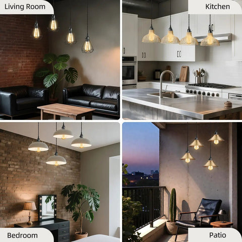 Plug In Pendant Light Kit With 1 To 4 E26 E27 Sockets Industrial Hanging Light displayed in living room, kitchen, bedroom, patio.