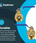 1-1/4 Inch IPS Beefed-Up Full Port Ball Valve Brass Plumbing Fitting, front and side view, with blue handle, isolated on blue background