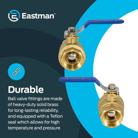 1-1/4 Inch IPS Beefed-Up Full Port Ball Valve Brass Plumbing Fitting, front and side view, with blue handle, isolated on blue background