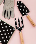 Two Piece Garden Tool Set With Hand Rake And Trowel Durable Carbon Steel Blades Smooth Wooden Handles With Hanging Holes Cute Picture Dot Design