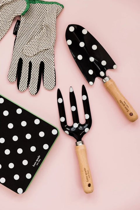 Two Piece Garden Tool Set With Hand Rake And Trowel Durable Carbon Steel Blades Smooth Wooden Handles With Hanging Holes Cute Picture Dot Design