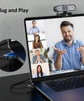 Smooth 1080P 60FPS Webcam With Autofocus Dual Mics And Privacy Cover For Crisp Streams Zoom Meetings Gaming Twitch And Super Simple Plug And Play Setup on laptop during video call.
