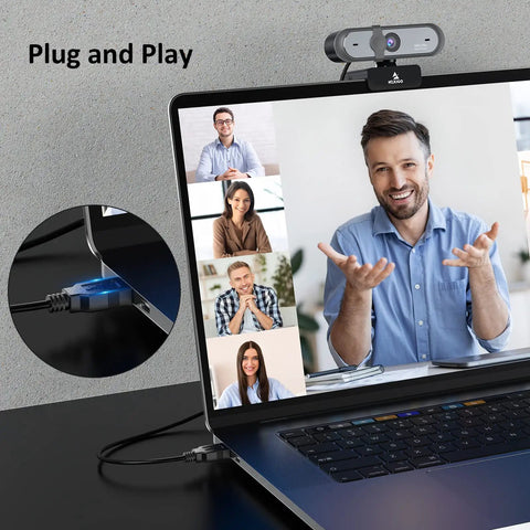 Smooth 1080P 60FPS Webcam With Autofocus Dual Mics And Privacy Cover For Crisp Streams Zoom Meetings Gaming Twitch And Super Simple Plug And Play Setup on laptop during video call.
