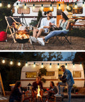 Cozy Up Your Patio With 25 Ft Outdoor Globe String Lights 27 Clear G40 Bulbs Plus 2 Spares Perfect For Patio Backyard Cafe Or Indoor Living Room Decor White Wire UL Listed illuminating an outdoor gathering by a camper.