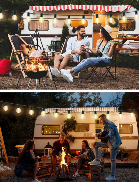 Cozy Up Your Patio With 25 Ft Outdoor Globe String Lights 27 Clear G40 Bulbs Plus 2 Spares Perfect For Patio Backyard Cafe Or Indoor Living Room Decor White Wire UL Listed illuminating an outdoor gathering by a camper.