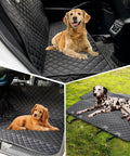 Dog Car Seat Cover for Back Seat Waterproof Nonslip Bench Protector for Cars Trucks and SUVs Soft Durable Shield for Pets Black Ride Ready and Easy Clean Up showing dogs comfortably seated on a black cover in a car and on grass