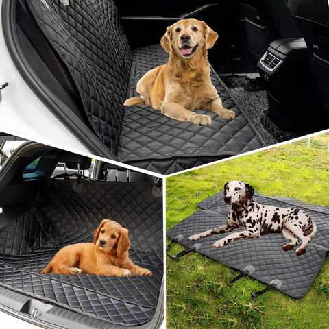 Dog Car Seat Cover for Back Seat Waterproof Nonslip Bench Protector for Cars Trucks and SUVs Soft Durable Shield for Pets Black Ride Ready and Easy Clean Up showing dogs comfortably seated on a black cover in a car and on grass