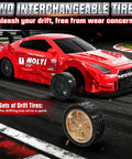 1 to 43 Scale Mini RC Drift Car With Gyro, Dope 2.4GHz Full Proportional Steering And Throttle, 20 Km Per Hour High Speed Remote Car With Lights, showing interchangeable tires, red car on track