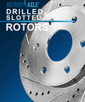 Close-up of drilled and slotted rotors for Beefed Up Front Wheel Bearing Hubs Brake Kit With Disc Rotors And Ceramic Pads For Chevy GMC Silverado Sierra Avalanche Suburban Express Savana 1500 2500 4x4 Replacement.