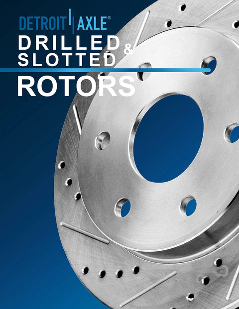 Close-up of drilled and slotted rotors for Beefed Up Front Wheel Bearing Hubs Brake Kit With Disc Rotors And Ceramic Pads For Chevy GMC Silverado Sierra Avalanche Suburban Express Savana 1500 2500 4x4 Replacement.