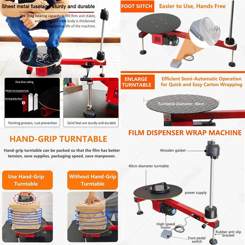 Electric Stretch Film Wrapping Machine Dispenser For Pallet Packing, Turntable 40cm Diameter, Height 80cm, Foot Switch Design