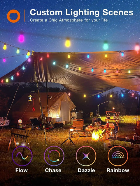 48 Ft Outdoor String Lights Dimmable With Remote And App Control Multicolor Waterproof Shatterproof LED Bulbs illuminating a campsite
