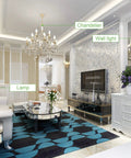 Living room with LED E12 Candle Bulbs 5W 60W Equiv Non Dimmable Flame Tip, elegant chandelier lighting.