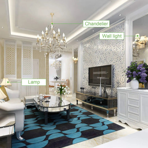 Living room with LED E12 Candle Bulbs 5W 60W Equiv Non Dimmable Flame Tip, elegant chandelier lighting.