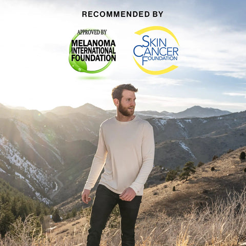 Man hiking in mountains wearing Men's ProtectUV Long Sleeve Tee With UPF 50 Plus Sun Protection Ice Blue Microfiber All Day Comfort.