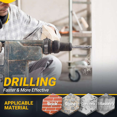 Side view of a worker with a yellow helmet using an SDS-Plus rotary hammer drill with a masonry bit