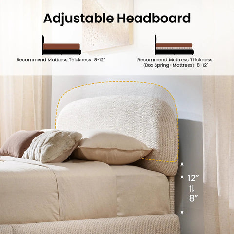 Queen Lift Up Storage Bed Frame With Adjustable Headboard Featuring Premium Chenille Upholstery And Smooth Curved Edges For A Chill Sleep Vibe And Solid Setup In Beige with pillows and adjustable headboard detail.