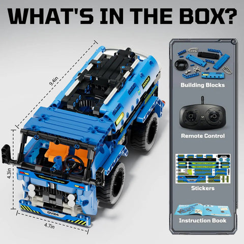 2-In-1 RC Construction Truck And Crane Set For Kids Aged 6 To 14, 401-Piece Build Kit With Easy Remote Control, Convert Between Crane And Truck, Durable STEM Toy For Boys And Girls, blue ABS plastic truck, 9.4in x 4.3in