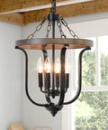 Farmhouse 4 Light Cage Chandelier With Black Metal Finish And Faux Wood Rustic Lantern Pendant Light in dining room
