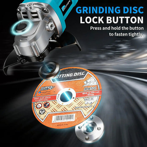 Cordless 5 Inch Angle Grinder Kit With 2x6.0Ah Batteries showing grinding disc and lock button detail