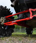 Heavy Duty Round Tubed Rear Radius Arms For Polaris RZR Models Red Finish With Adjustable Heim Joints And Hand Welded Construction For Maximum Strength And Durable Performance See Fitment Details on rear suspension