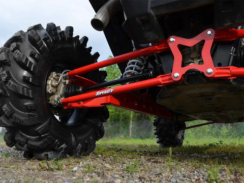 Heavy Duty Round Tubed Rear Radius Arms For Polaris RZR Models Red Finish With Adjustable Heim Joints And Hand Welded Construction For Maximum Strength And Durable Performance See Fitment Details on rear suspension