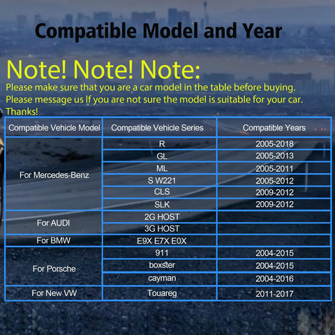 LEXXSON optic fiber decoder compatibility chart (front view) for Mercedes-Benz, Porsche, BMW, Audi, VW