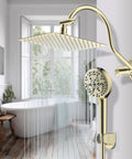 All Metal CUPC Certified Shower Head Combo With 10 Inch Rainfall Head And Polished Brass Handheld Showerhead, flowing water view.