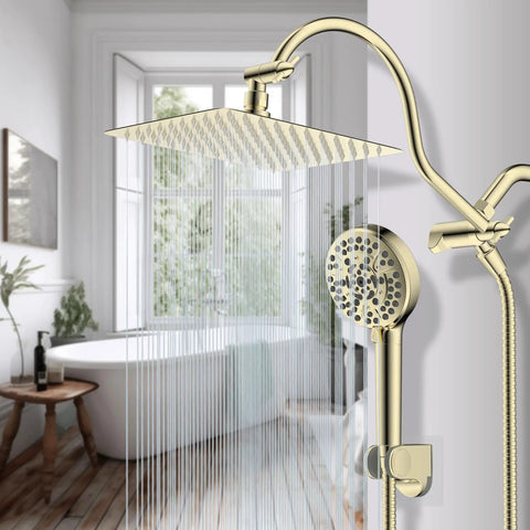 All Metal CUPC Certified Shower Head Combo With 10 Inch Rainfall Head And Polished Brass Handheld Showerhead, flowing water view.
