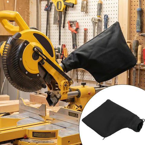 Two Pack Miter Saw Dust Collection Bags Made From Heavy Duty Nylon and Steel Ring With Adjustable Zipper Opening Fits Table Saws Belt Sanders and Planers, attached to miter saw.