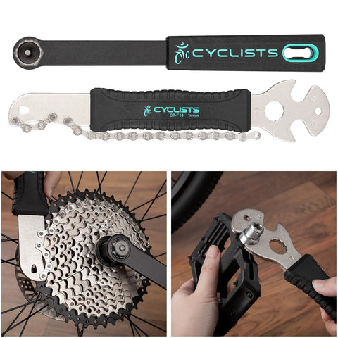Portable 35 Piece Bike Repair Tool Kit With Storage Case For Road And Mountain Bikes, shown with chain tool and freewheel remover.