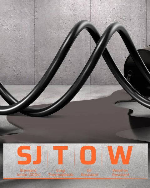 Close-up of SJTOW cord highlighting durability; Retractable Extension Cord Reel With 40 Ft Heavy Duty 12 AWG SJTOW Cord.
