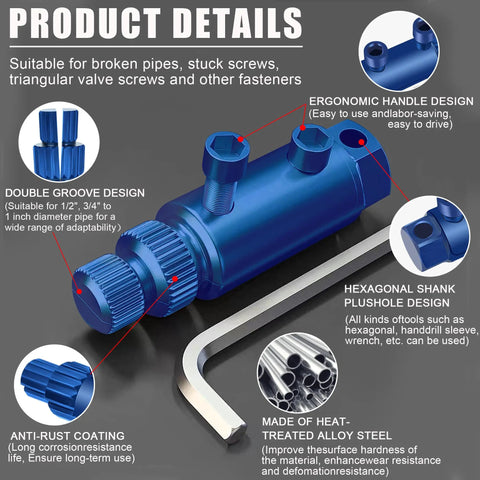 Two Pack Stripped Screw Extractor Set For Damaged Faucets And Pipes, Heavy Duty Bolt And Thread Extractor Tool Fits 1/2 3/4 1 Inch Fittings, Water Line Repair Kit in blue with design features highlighted
