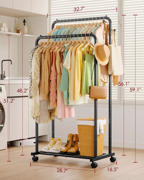 Bulletproof Double Rod Clothes Rack With Wire Mesh Shelves And Storage Hooks Top Tier Steel Garment Stand Supports Up To One Seventy Pounds Matte Black For Everyday Closets