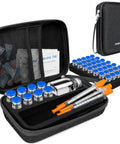 Open TSA Approved Peptide Travel Case With Vial Holder For 3ml Or 1ml Vials Space For 30ml BAC Water Syringe Pockets Dual Layer Mesh Pockets For Alcohol Pads And Accessories Gear Compact On The Go Travel Kit showing vials, syringes, and pads.