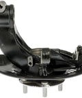 Front Driver Side Loaded Steering Knuckle For Select Honda Models Prepressed Assembly, black metallic finish, side view.
