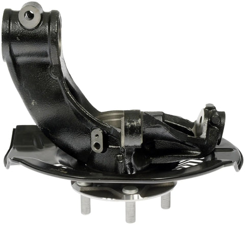 Front Driver Side Loaded Steering Knuckle For Select Honda Models Prepressed Assembly, black metallic finish, side view.