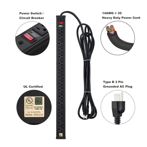 Workhorse 16 Outlet Heavy Duty Metal Power Strip With 15 Foot Cord For Office And School Use 15 Amps 1875 Watts UL Listed