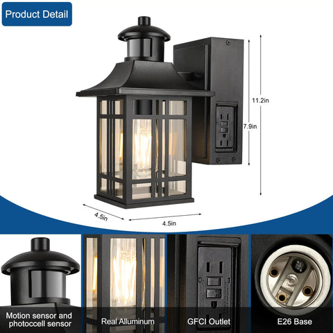 Motion Sensor Outdoor Porch Light With Dual GFCI Outlets Waterproof Wall Light in black aluminum showing dimensions and details.