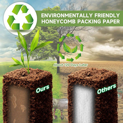 Comparison of eco-friendly honeycomb packing paper wrap degrading in 120 days versus non-eco-friendly alternatives.
