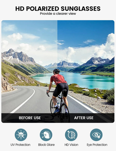Cyclist wearing Ultra Lightweight Polarized Sports Shades For Men And Women 24g TAC HD UV400 Protection Adjustable Nose Pads on mountain road.